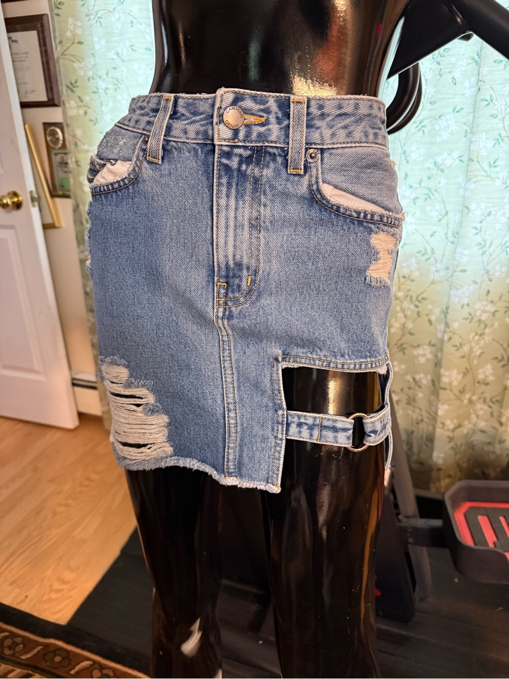 Carmar Distressed Blue Denim Mini Skirt with Strap Detail